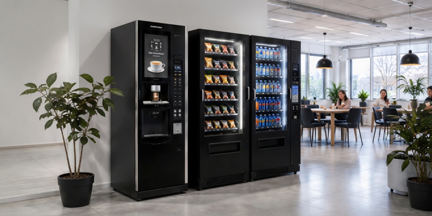 Moderna varuautomater med drycker och snacks i en kontorsmiljö